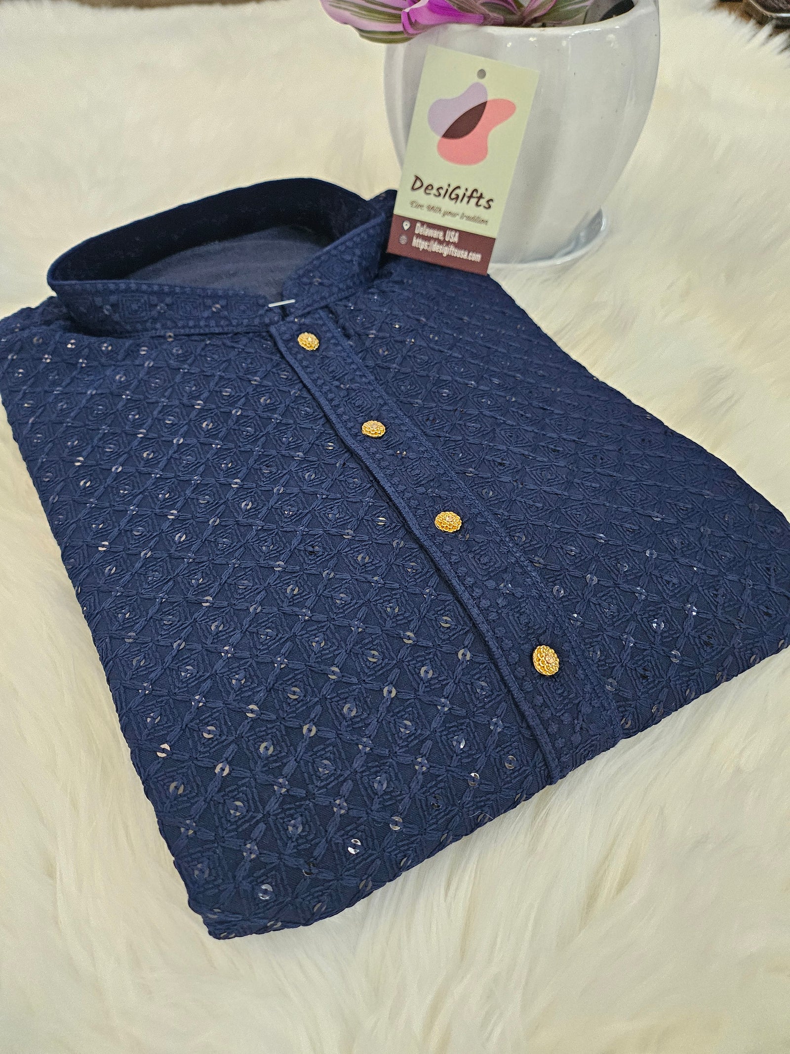 Plus Size, Meticulous Chikankari Sequins 2 Piece Kurta Pajama Set for Man, Navy Shade with Linen, Embroidered Party Man's Wear, KP - 1384