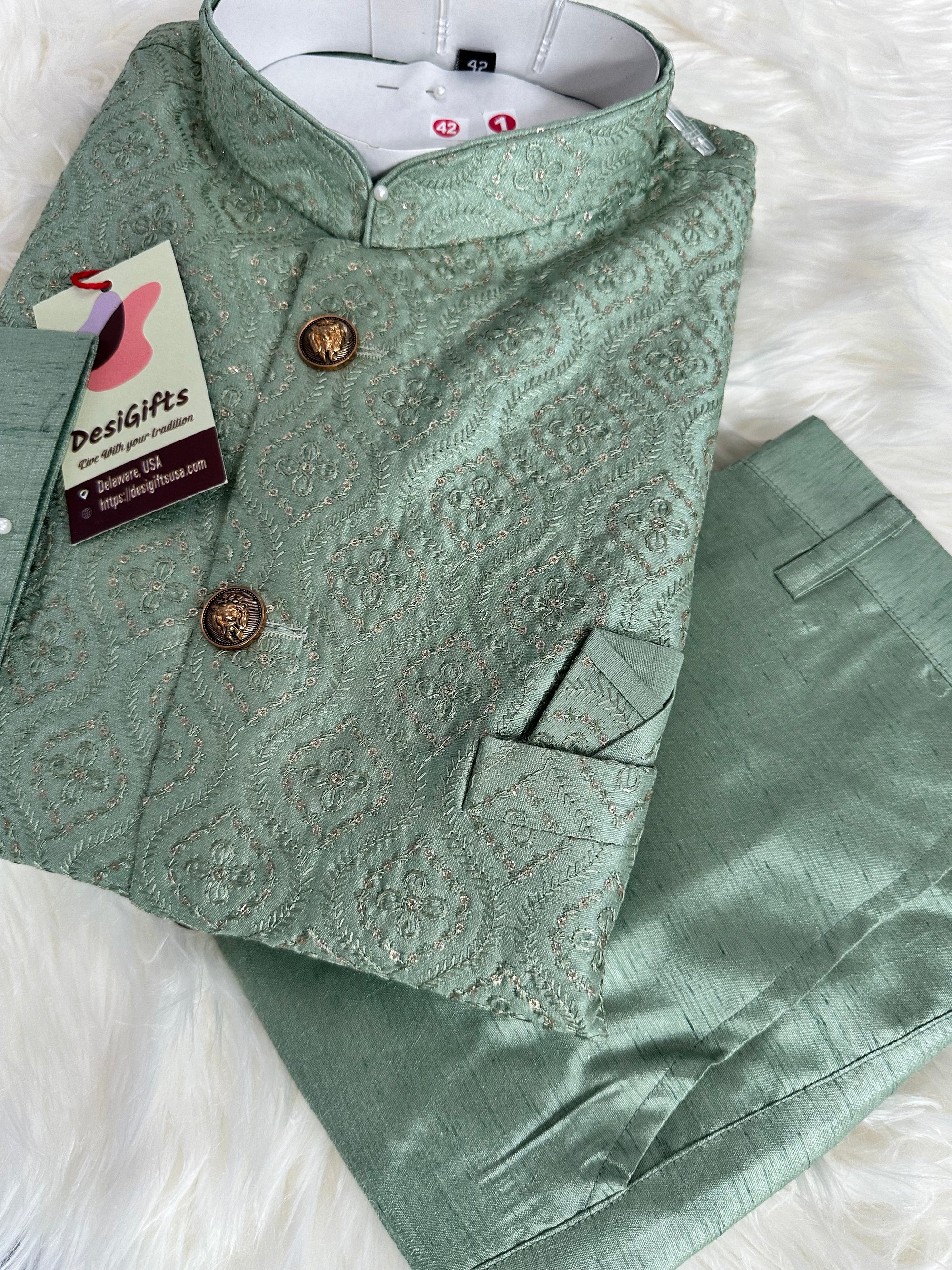 Pista Green Shade 3 Piece Kurta Pajama, Pant Style, with Embroidered Jacket Set-Silk Fabric, TPKP- 1386