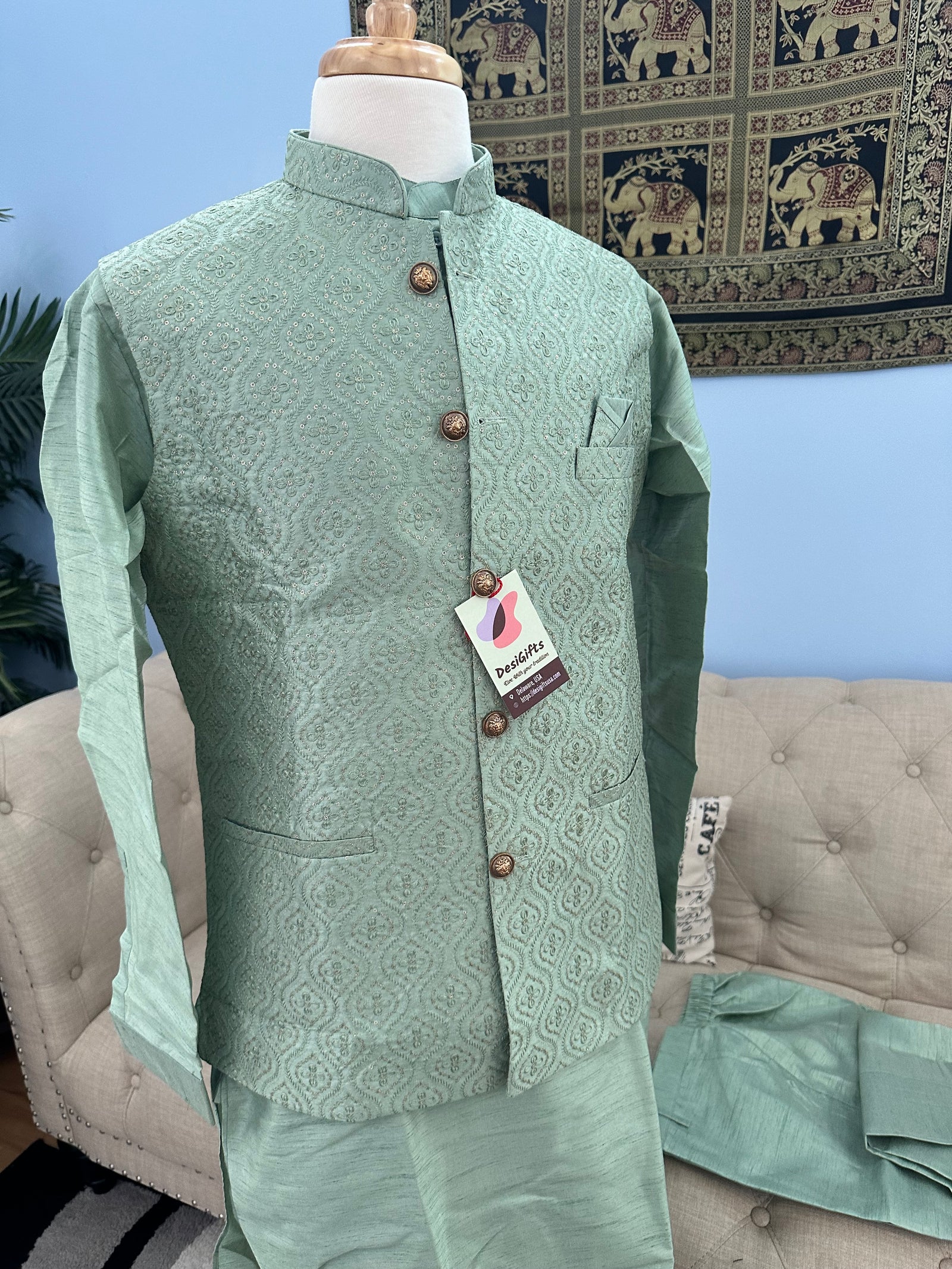 Size 38, Pista Green Shade 3 Piece Kurta Pajama, Pant Style, with Embroidered Jacket Set-Silk Fabric, TPKP- 1386