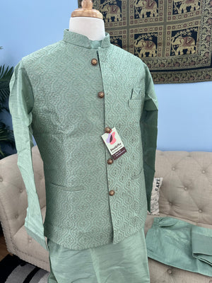 Pista Green Shade 3 Piece Kurta Pajama, Pant Style, with Embroidered Jacket Set-Silk Fabric, TPKP- 1386