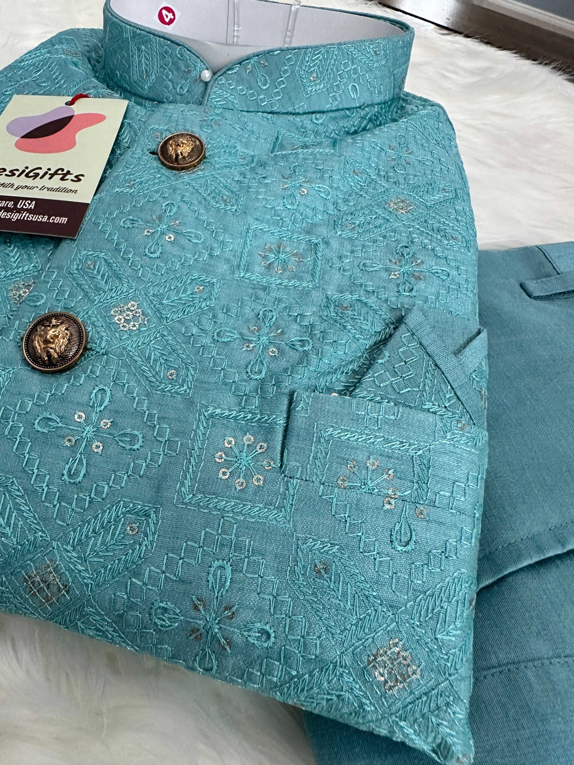 SkyBlue Shade 3 Piece Kurta Pajama, Pant Style, with Embroidered Jacket Set-Silk Fabric, TPKP- 1387