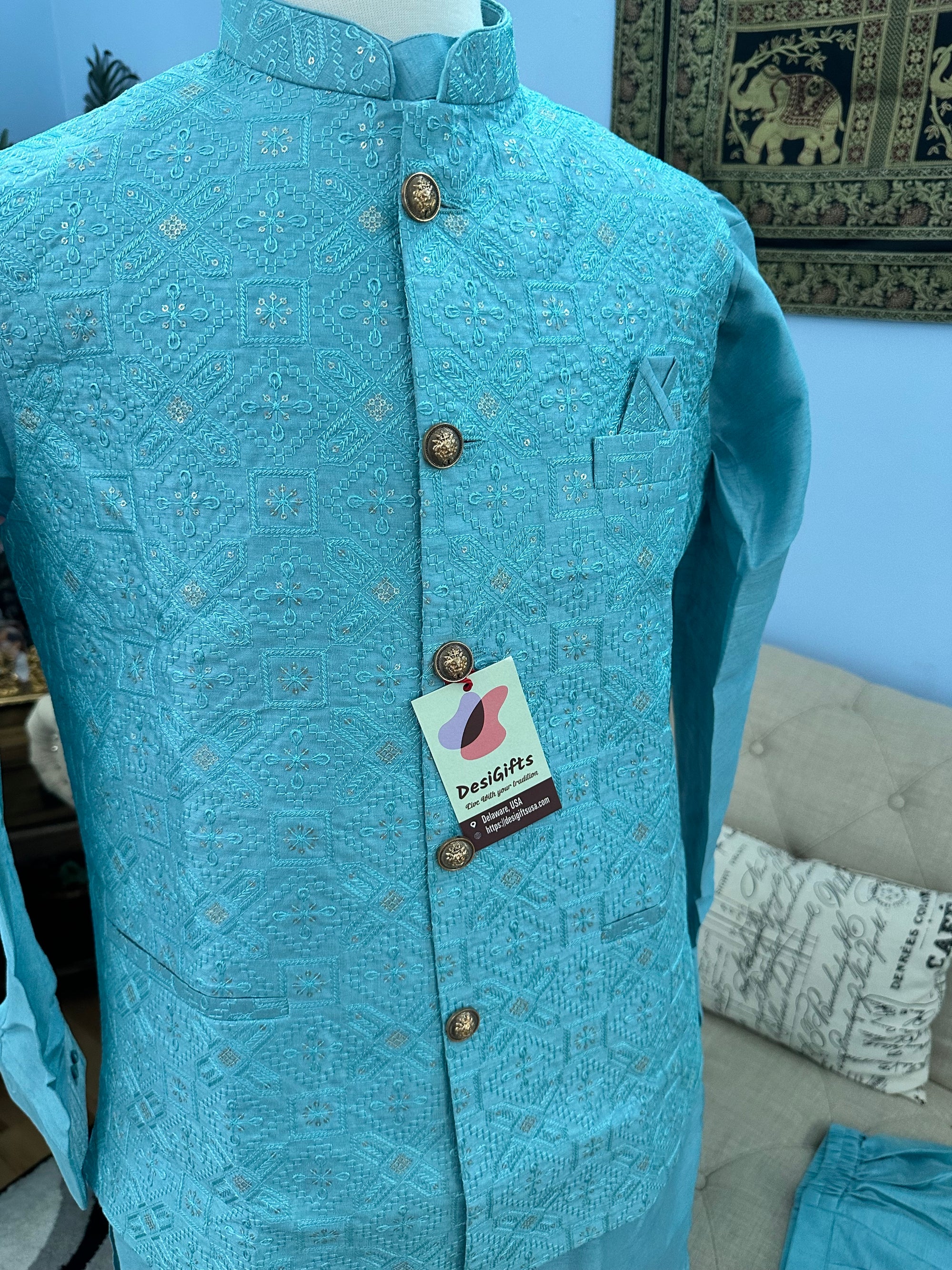 SkyBlue Shade 3 Piece Kurta Pajama, Pant Style, with Embroidered Jacket Set-Silk Fabric, TPKP- 1387