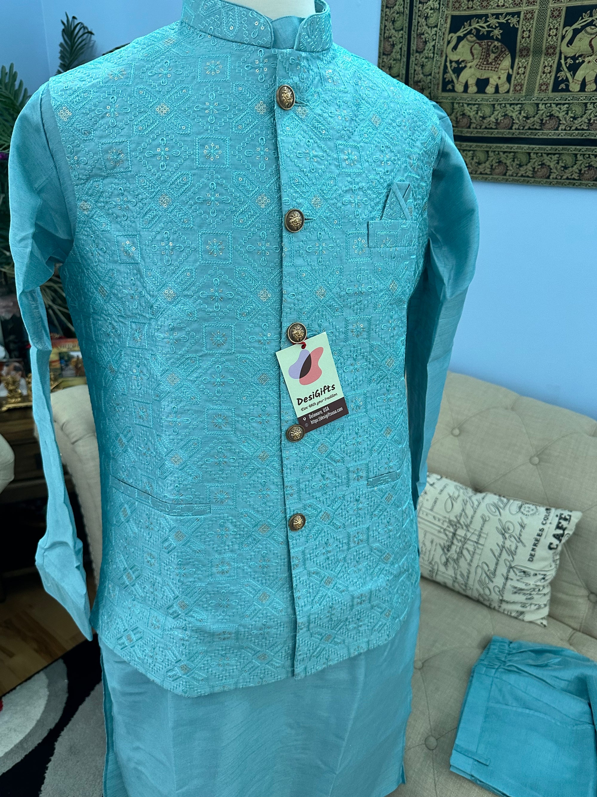 SkyBlue Shade 3 Piece Kurta Pajama, Pant Style, with Embroidered Jacket Set-Silk Fabric, TPKP- 1387