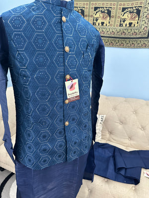 Beautiful Blue Shade 3 Piece Kurta Pajama, Pant Style, with Embroidered Jacket Set-Silk Fabric, TPKP- 1388