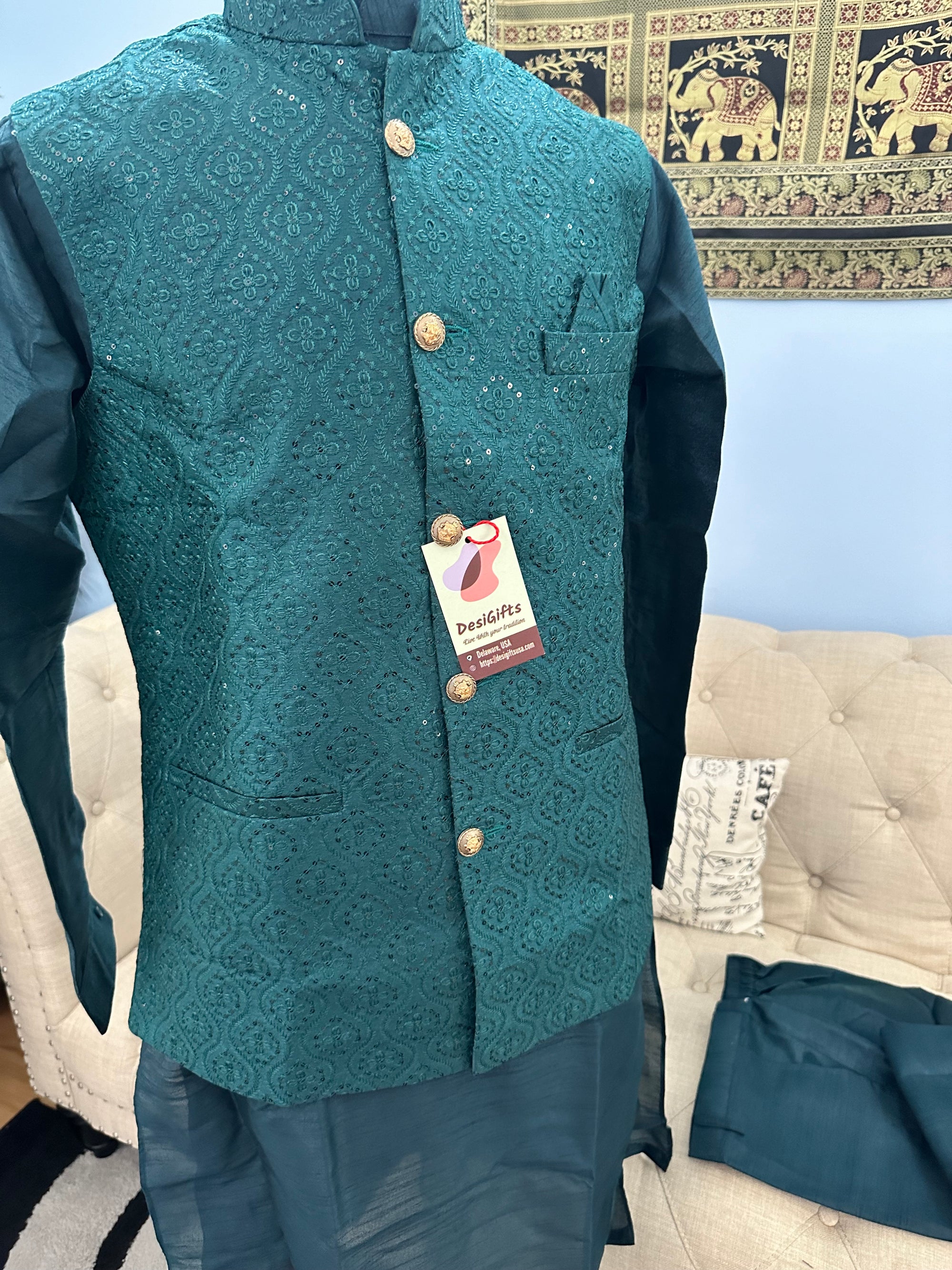 Teal Shade 3 Piece Kurta Pajama, Pant Style, with Embroidered Jacket Set-Silk Fabric, TPKP- 1389