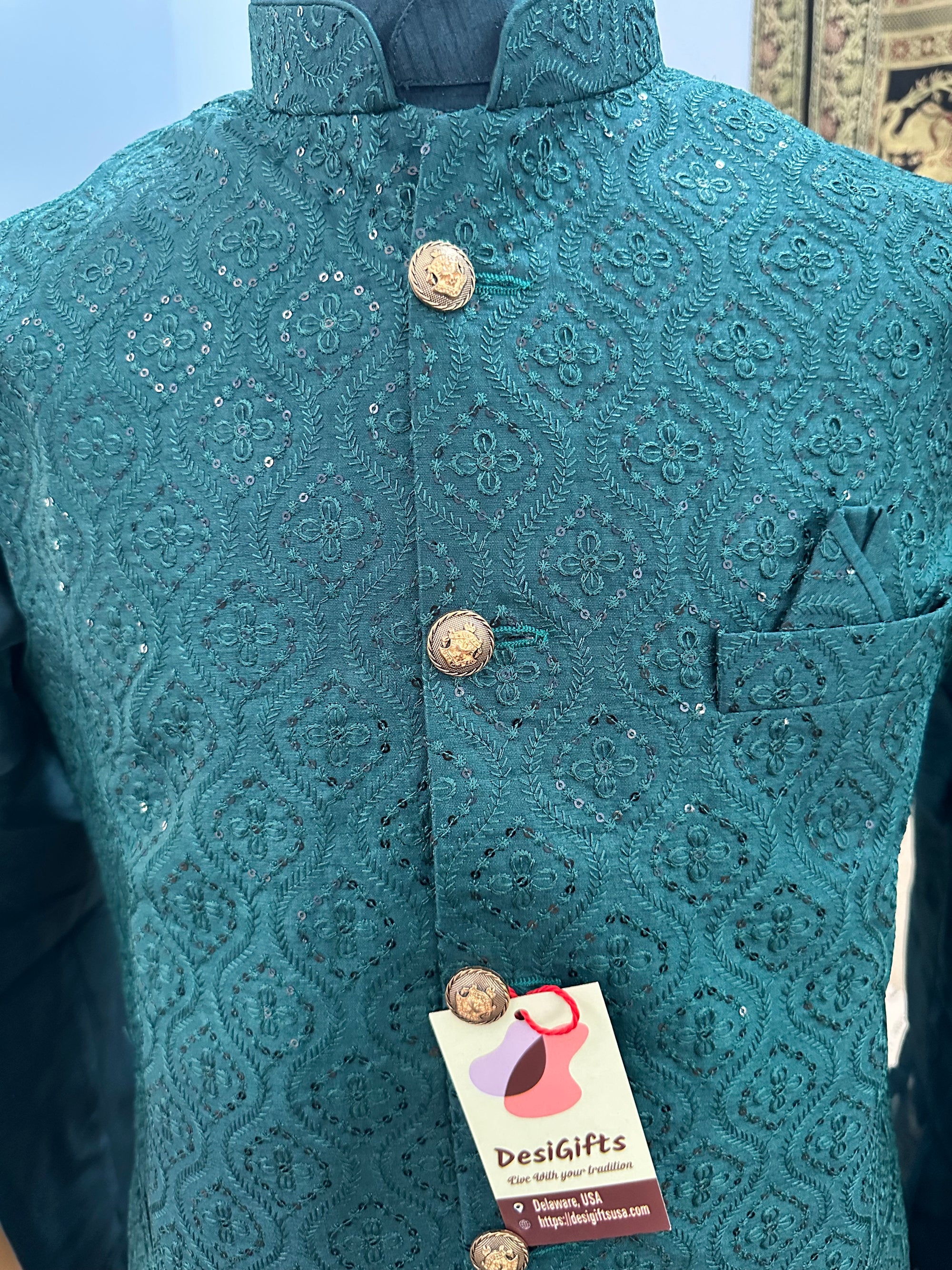 Teal Shade 3 Piece Kurta Pajama, Pant Style, with Embroidered Jacket Set-Silk Fabric, TPKP- 1389