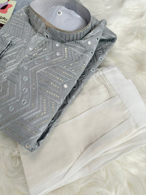 Gray Shade Embroidered with Mirror & Sequins Work Partywear 2 Piece Kurta Pajama Set for Man, KP - 1391