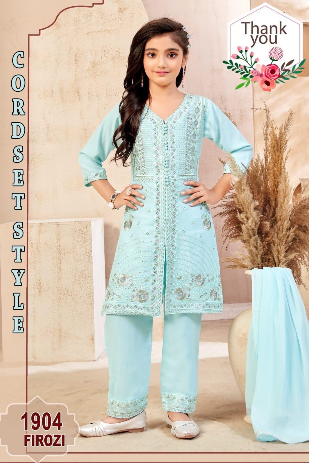 Graceful Sky Blue 3-Piece Girls’ Kurti Set with Intricate Embroidery and Sequin Detailing, Design G-1948