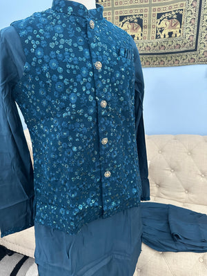 Peacock Blue Shade 3 Piece Kurta Pajama with Embroidered Sequins Jacket Set for Man-Premium Georgette Men's Indian Outfit,  TKP- 1393