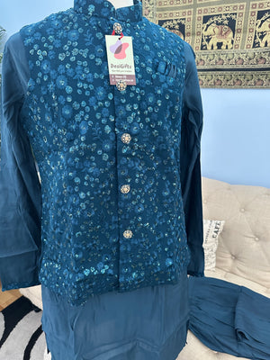 Peacock Blue Shade 3 Piece Kurta Pajama with Embroidered Sequins Jacket Set for Man-Premium Georgette Men's Indian Outfit,  TKP- 1393