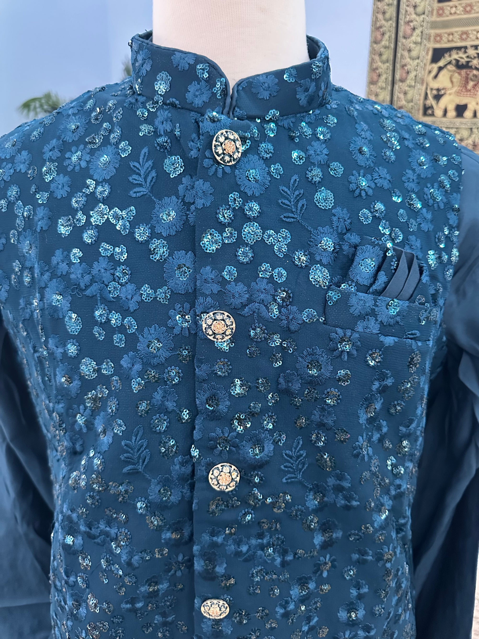 Peacock Blue Shade 3 Piece Kurta Pajama with Embroidered Sequins Jacket Set for Man-Premium Georgette Men's Indian Outfit,  TKP- 1393