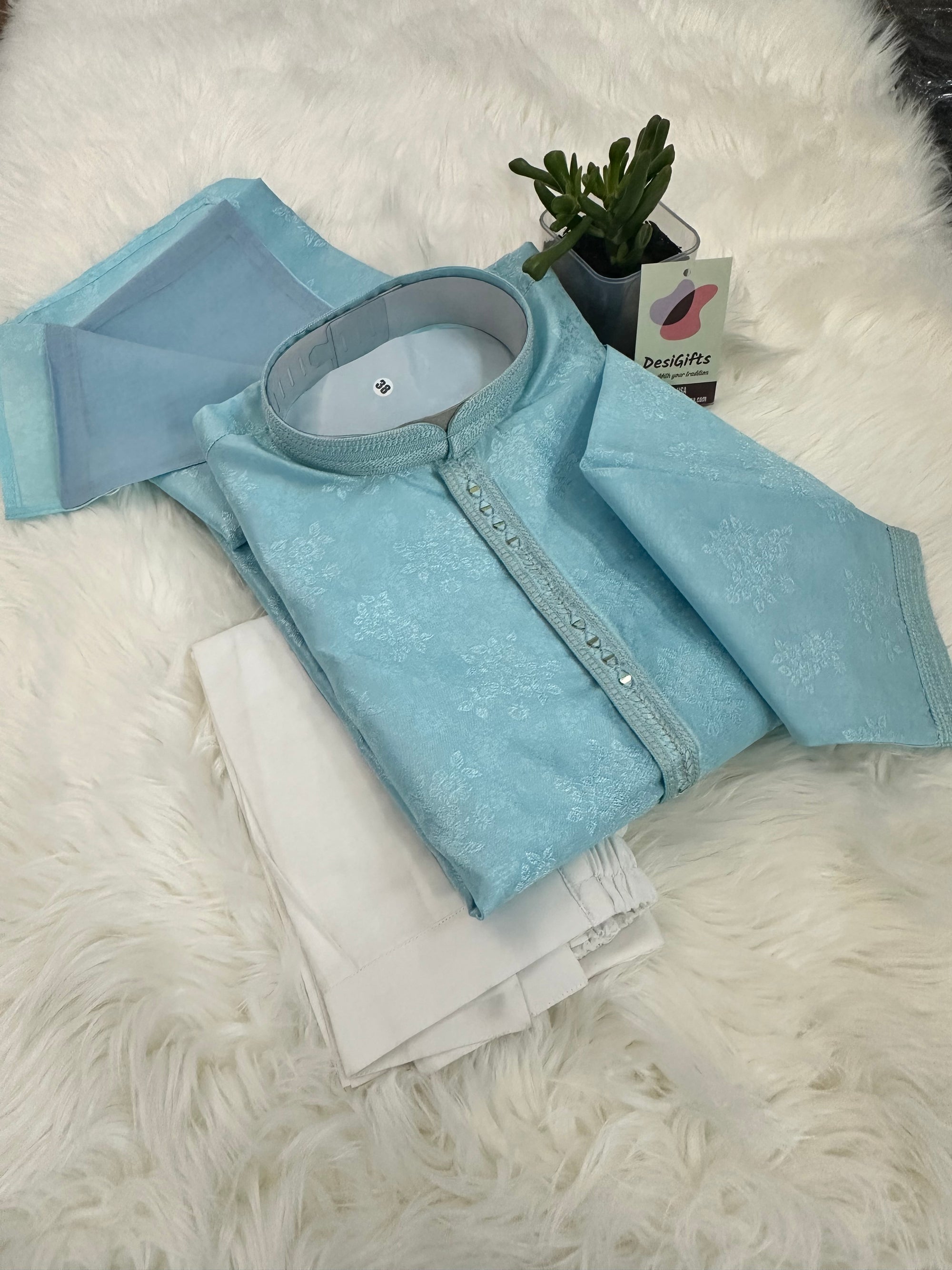 Sky Blue Shade Silk Kurta Pajama Set with Cotton Linen for Man, Up to Size 58, Design KPS- 1398