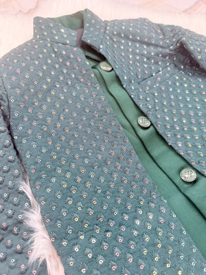 Boy's Pine Green Shade Cotton Silk 3 Piece Indo Western Outfit,  Embroidered  Sequins Long Jacket with Pant , Boy's Sherwani Dress - B-3051