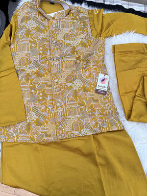 Festive Men’s 3-Piece Mustard Yellow Shade Kurta Pajama with Embroidered Sequins Jacket, Silk Ethnic Wear for Wedding & Festive, KPJ-4053