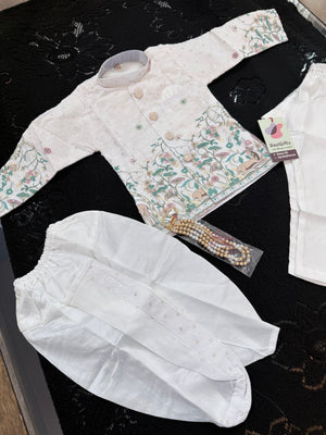 Boys 3 Piece White Silk Blend Indian Dress Set with Sherwani Kurta, Dhoti & Pajama – Ethnic Wedding and Festive Outfit B-2023