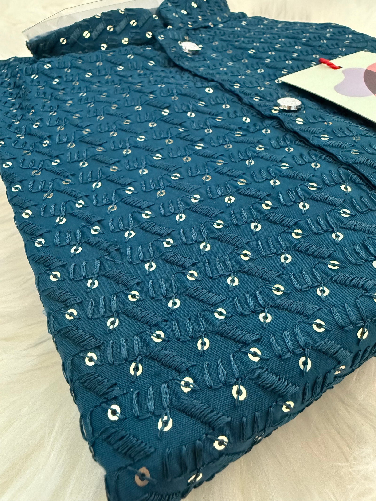 Pre-Teen and Teen Boy's Chikankari Embroidered Kurta Pajama with Sequins, Teal Blue Shade  - BOY-1911