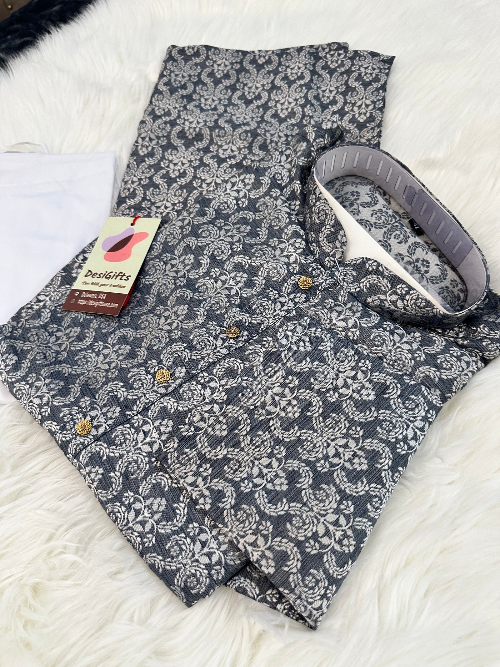 Navy-Gray Shade Jacquard Silk Kurta Pajama Set for Party or Man, Indian Partywear Men Outfit -Design KPS- 1414