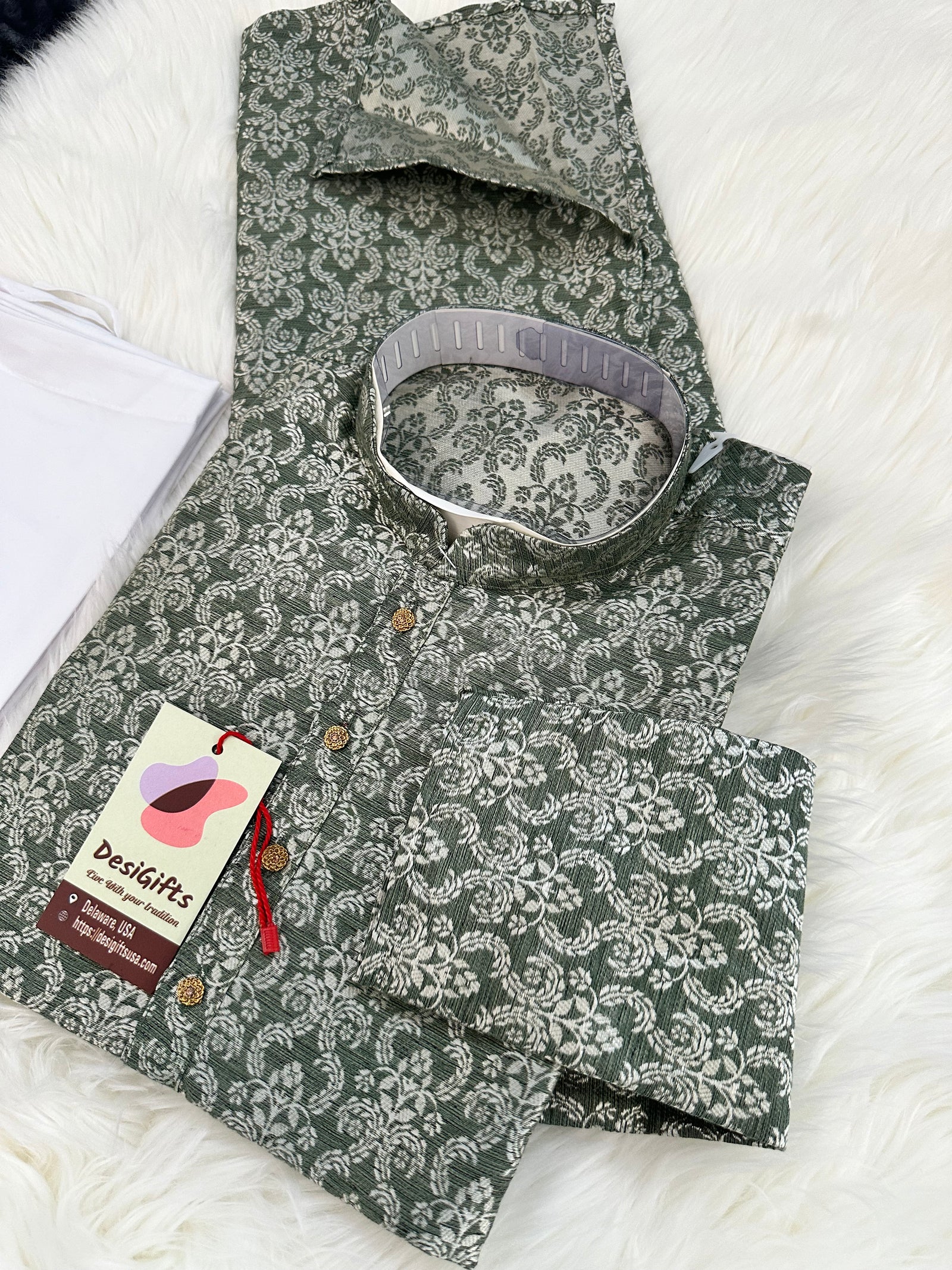 Green Shade Jacquard Silk Kurta Pajama Set for Party or Man, Indian Partywear Men Outfit -Design KPS- 1415