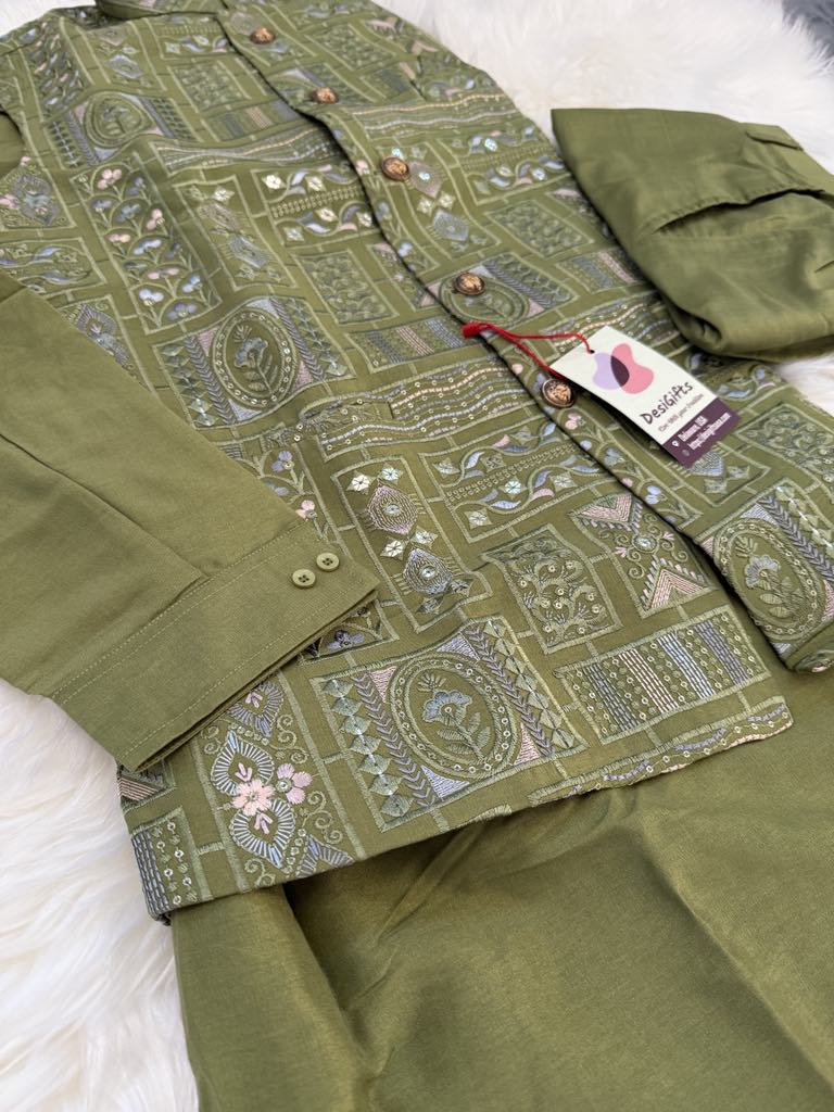 Green Shade 3 Piece Kurta Pajama, Pant Style, with Embroidered Jacket Set-Silk Fabric, TPKP- 1416