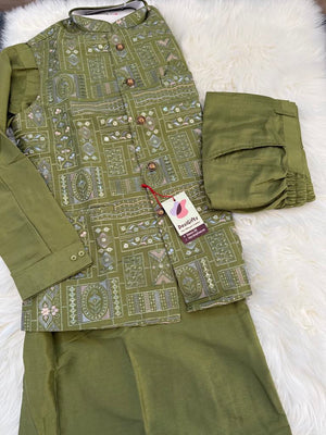 Green Shade 3 Piece Kurta Pajama, Pant Style, with Embroidered Jacket Set-Silk Fabric, TPKP- 1416