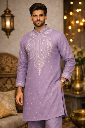 Lavender Shade Trendy Kurta Pajama for Men with Intricate White Embroidery, Wedding & Festive Indian Outfit, KP-1417