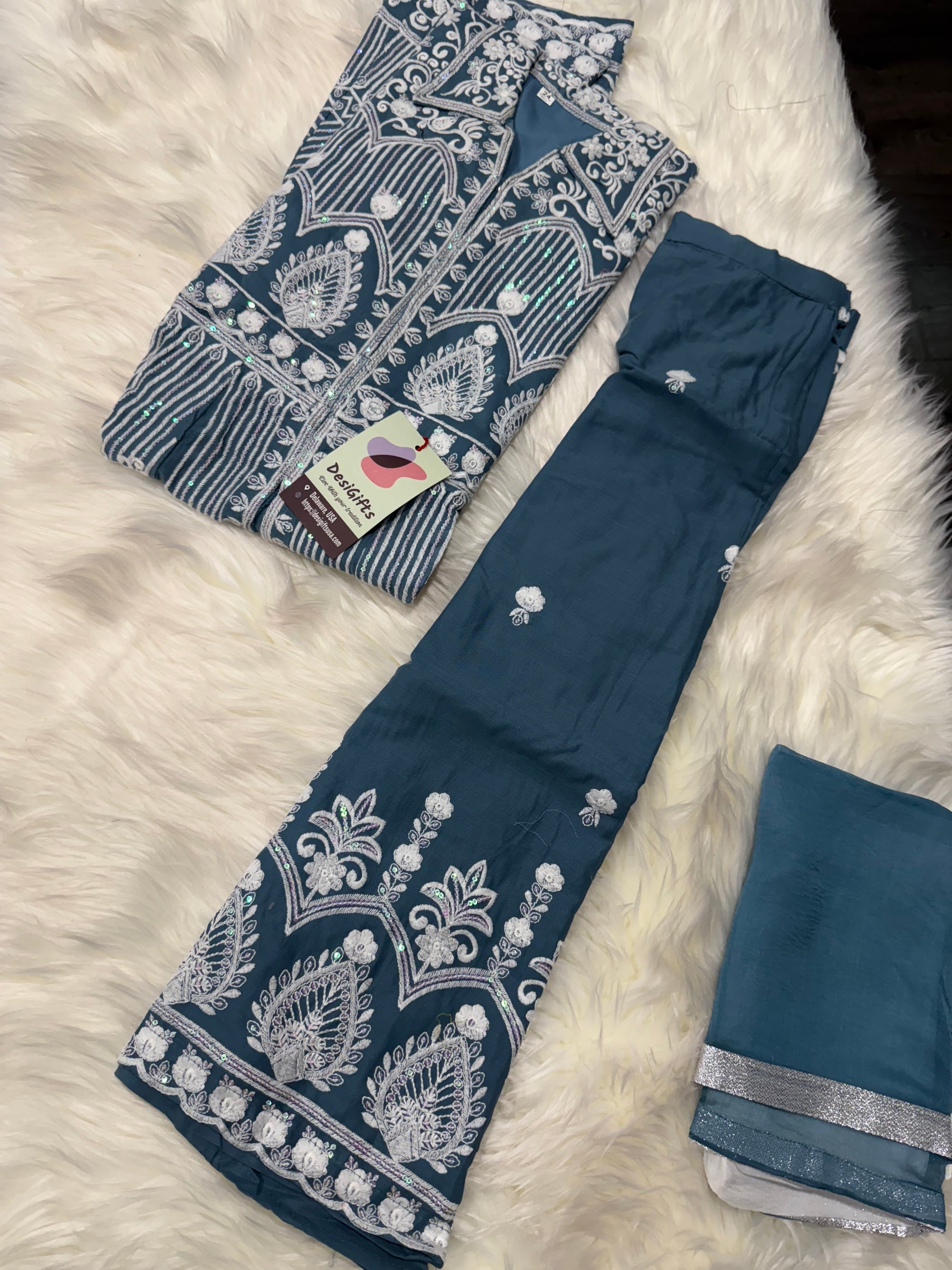 Heavy Chikankari Embroidery 3-Piece Indian Outfit for Girls – Trendy Ethnic Style, Design G- 1942