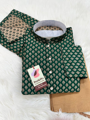 Green Shade with Golden Buty 2 Piece Blended Silk Kurta Pajama Set, Up to Size 56, Man -1418