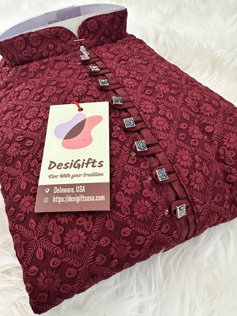 Sophisticated Apple Red Shade Chikankari Embroidered Georgette 2 Piece Kurta Pajama Set, Indian Party Wear Kurat, KP-1426