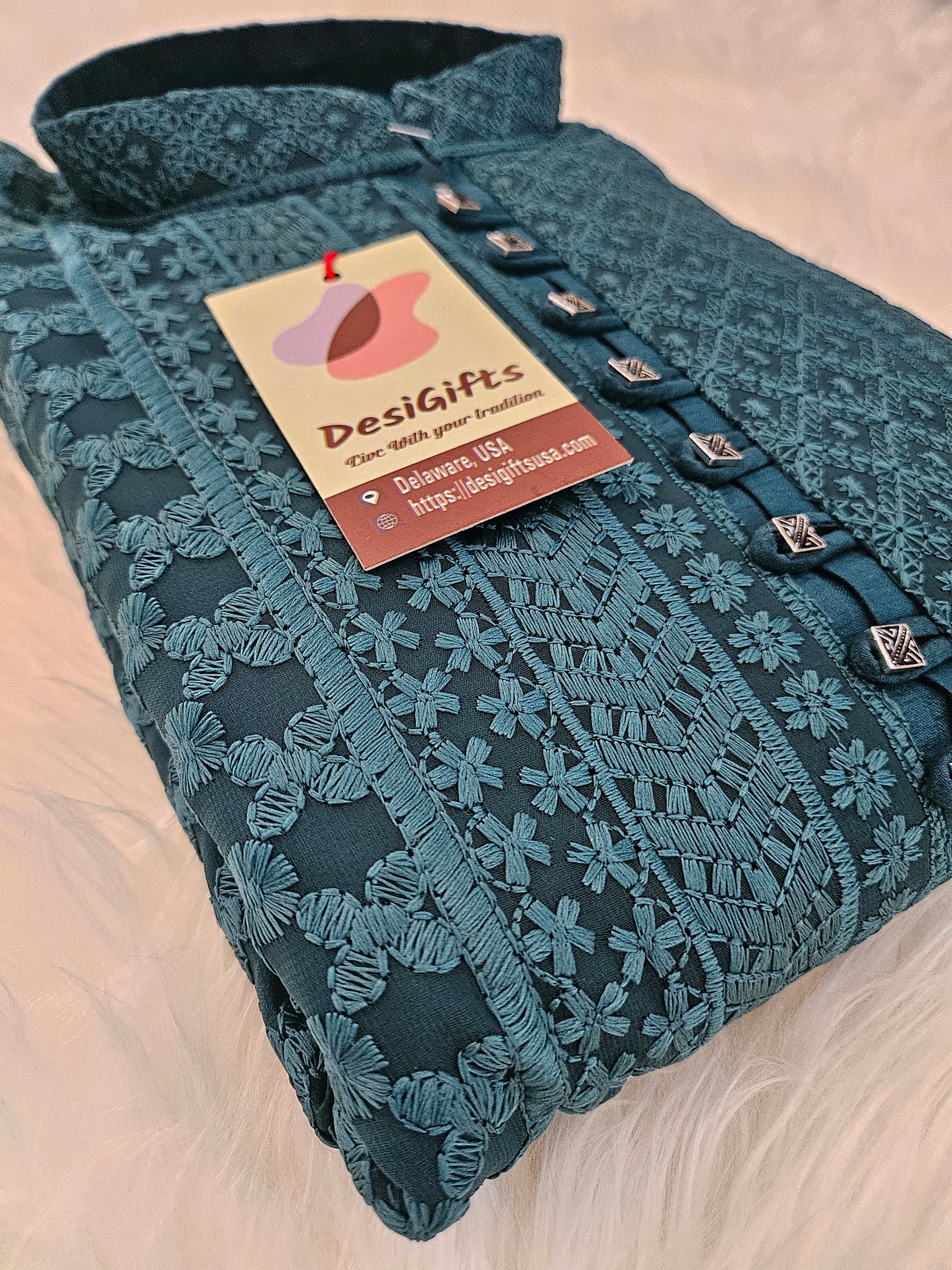 Tropical Teal Shade Chikankari Embroidered Georgette 2 Piece Kurta Pajama Set, Indian Party Wear Kura, KP-1429