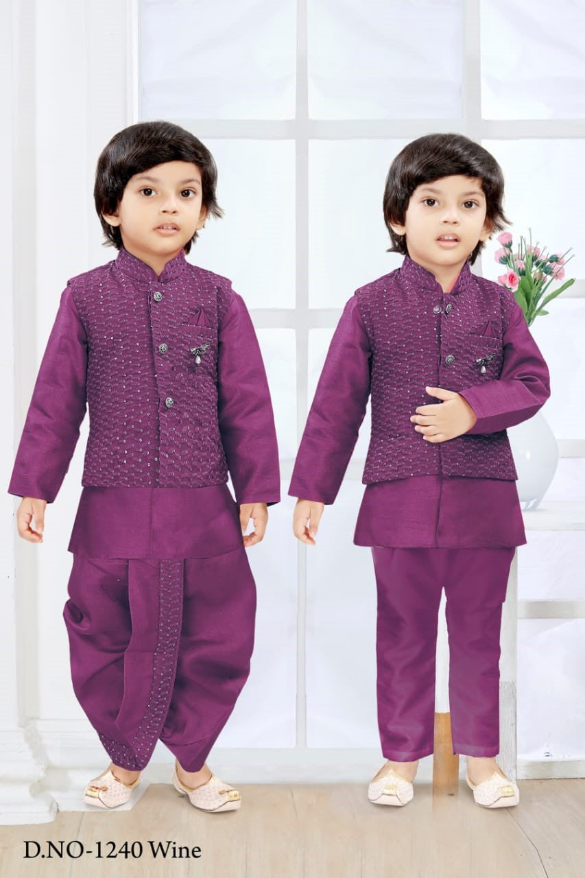 Comfy Newborn Boy 4 Piece Cotton Silk Indian Dress with Dhoti and Pajama with Sequins Jacket- Design B-1435