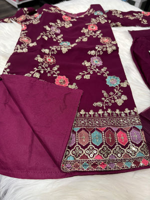 Girls’ Indian Ethnic Palazzo Suit – Dark Wine Shade with Heavy Embroidery & Sequins, GRL -1947