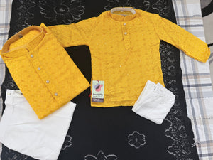 Men & Boys Marigold Yellow Rayon Chikankari with Sequins Kurta Pajama Set | Matching Father Son Option Festive Outfit with Sequin Work, DM -1422