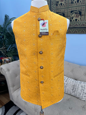 Yellow Shade Jacket / Waistcoat / Sadri for Man with Beautiful Embroidery & Sequins, Nehru Jacket, Man's Jacket - 1453