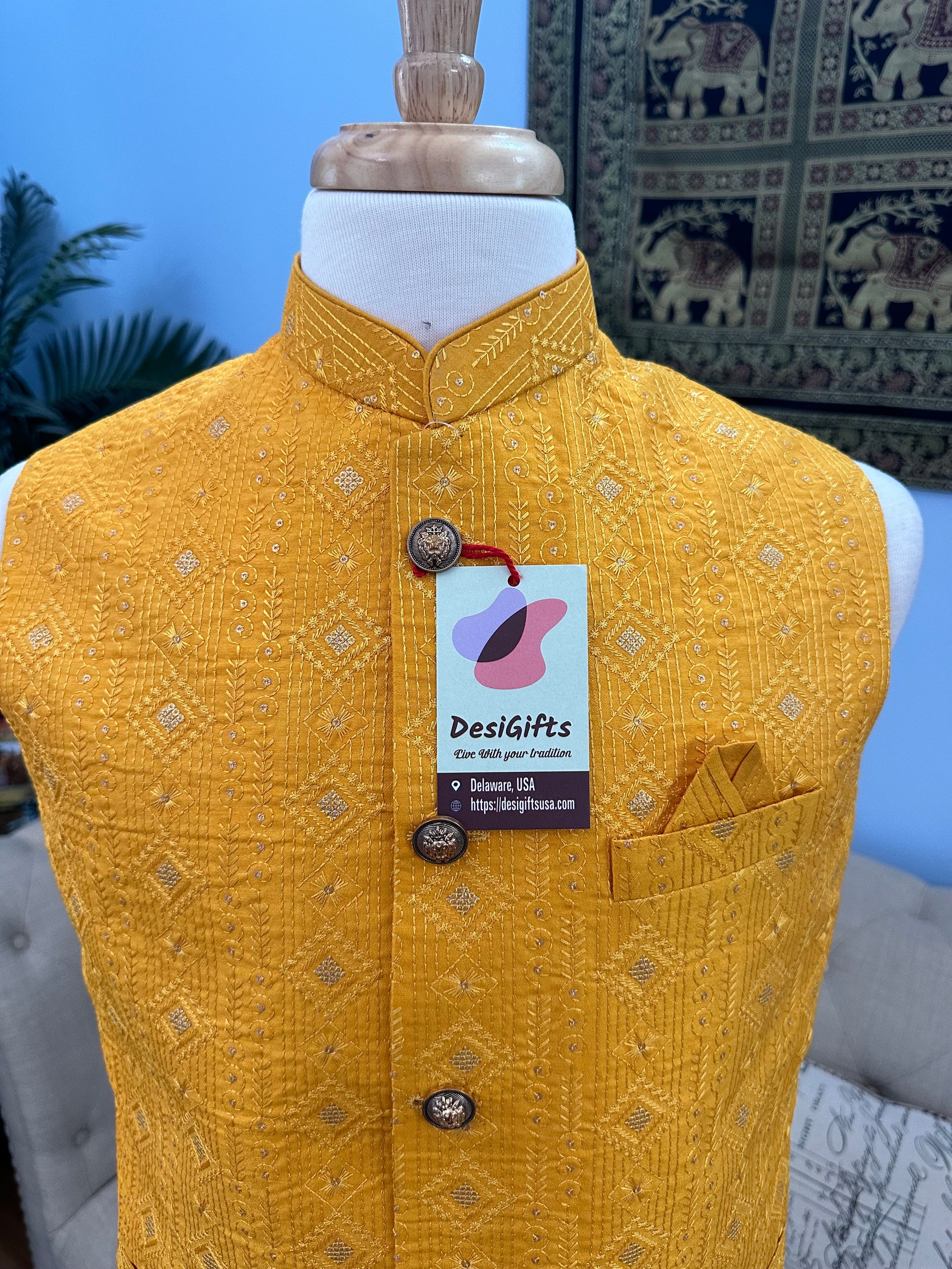 Yellow Shade Jacket / Waistcoat / Sadri for Man with Beautiful Embroidery & Sequins, Nehru Jacket, Man's Jacket - 1453