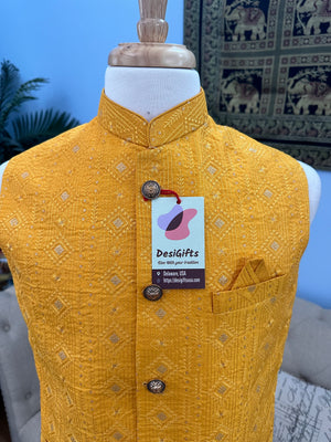 Yellow Shade Jacket / Waistcoat / Sadri for Man with Beautiful Embroidery & Sequins, Nehru Jacket, Man's Jacket - 1453