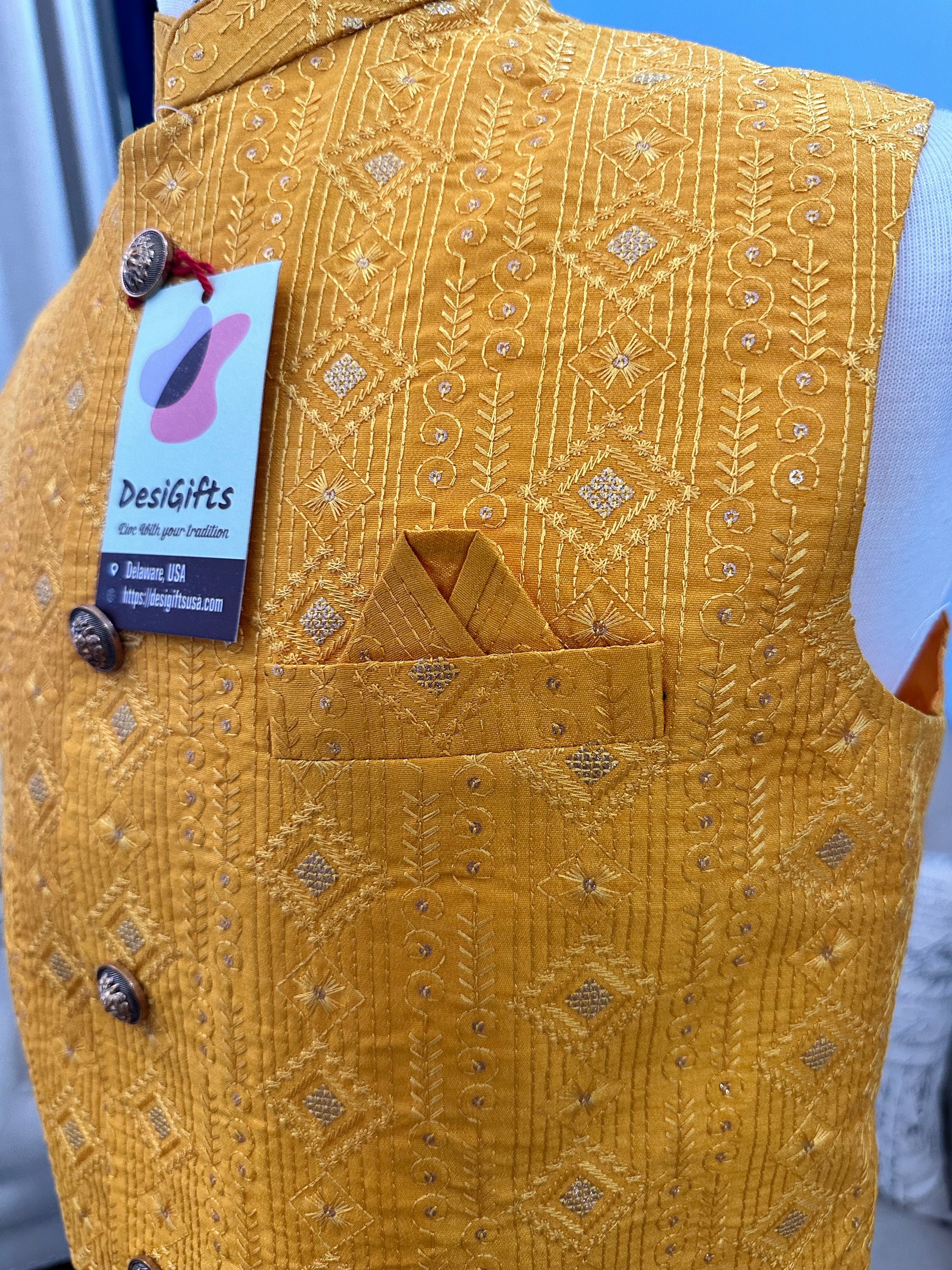 Yellow Shade Jacket / Waistcoat / Sadri for Man with Beautiful Embroidery & Sequins, Nehru Jacket, Man's Jacket - 1453