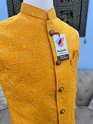 Yellow Shade Jacket / Waistcoat / Sadri for Man with Beautiful Embroidery & Sequins, Nehru Jacket, Man's Jacket - 1453