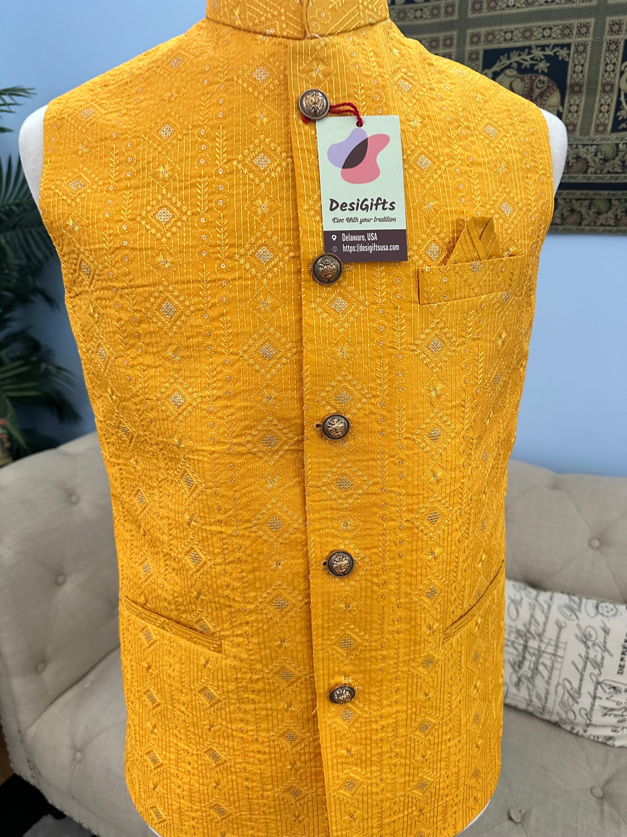 Yellow Shade Jacket / Waistcoat / Sadri for Man with Beautiful Embroidery & Sequins, Nehru Jacket, Man's Jacket - 1453