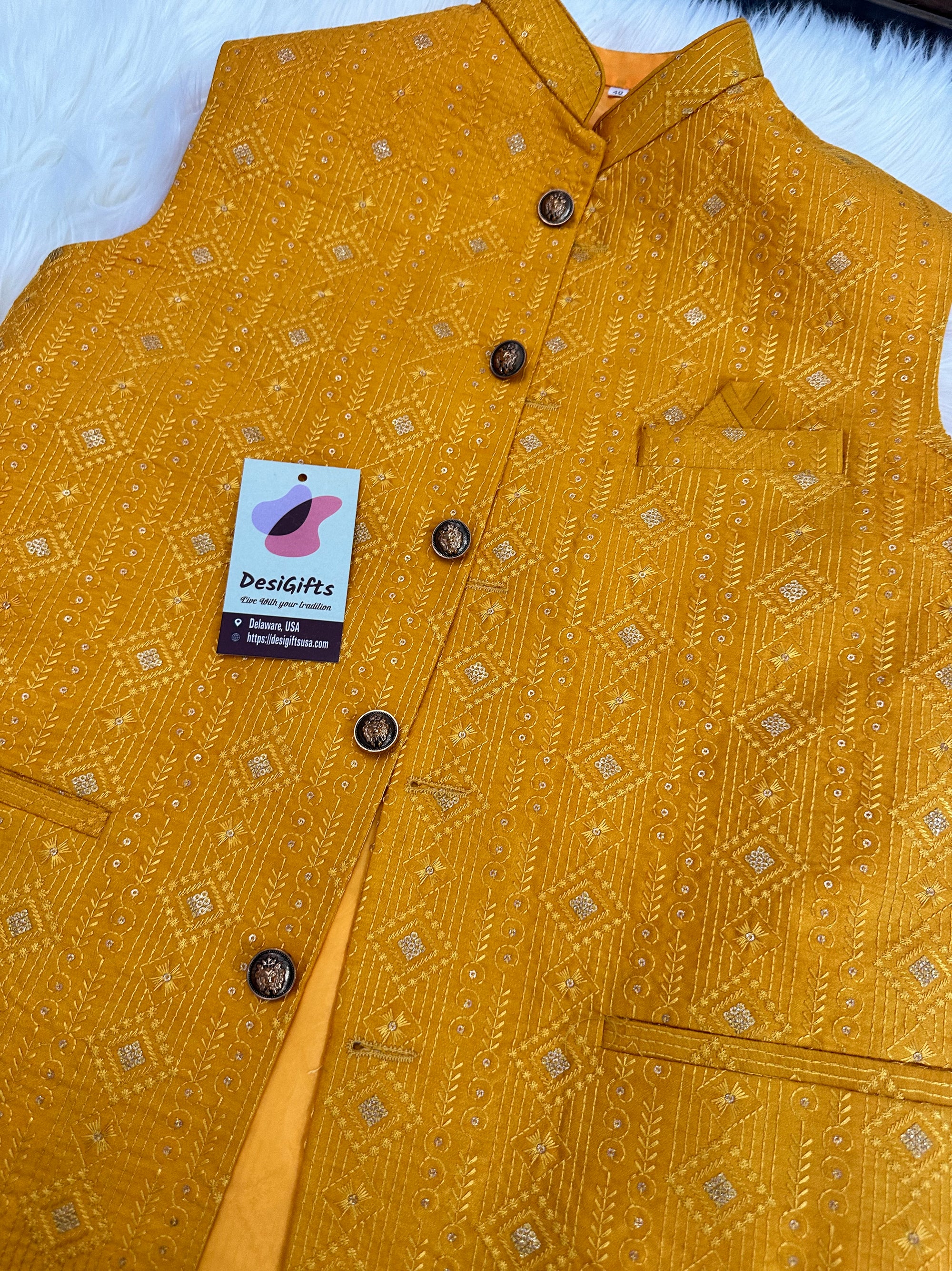 Yellow Shade Jacket / Waistcoat / Sadri for Man with Beautiful Embroidery & Sequins, Nehru Jacket, Man's Jacket - 1453