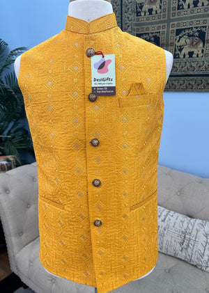 Yellow Shade Jacket / Waistcoat / Sadri for Man with Beautiful Embroidery & Sequins, Nehru Jacket, Man's Jacket - 1453