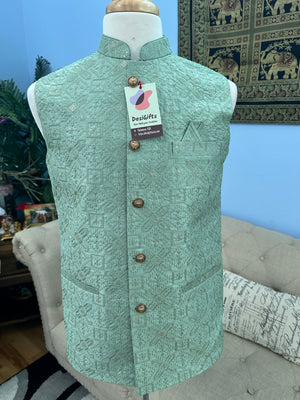 Pista Green Jacket / Waistcoat / Sadri for Man with Beautiful Embroidery & Sequins, Nehru Jacket, Man's Jacket - 1454