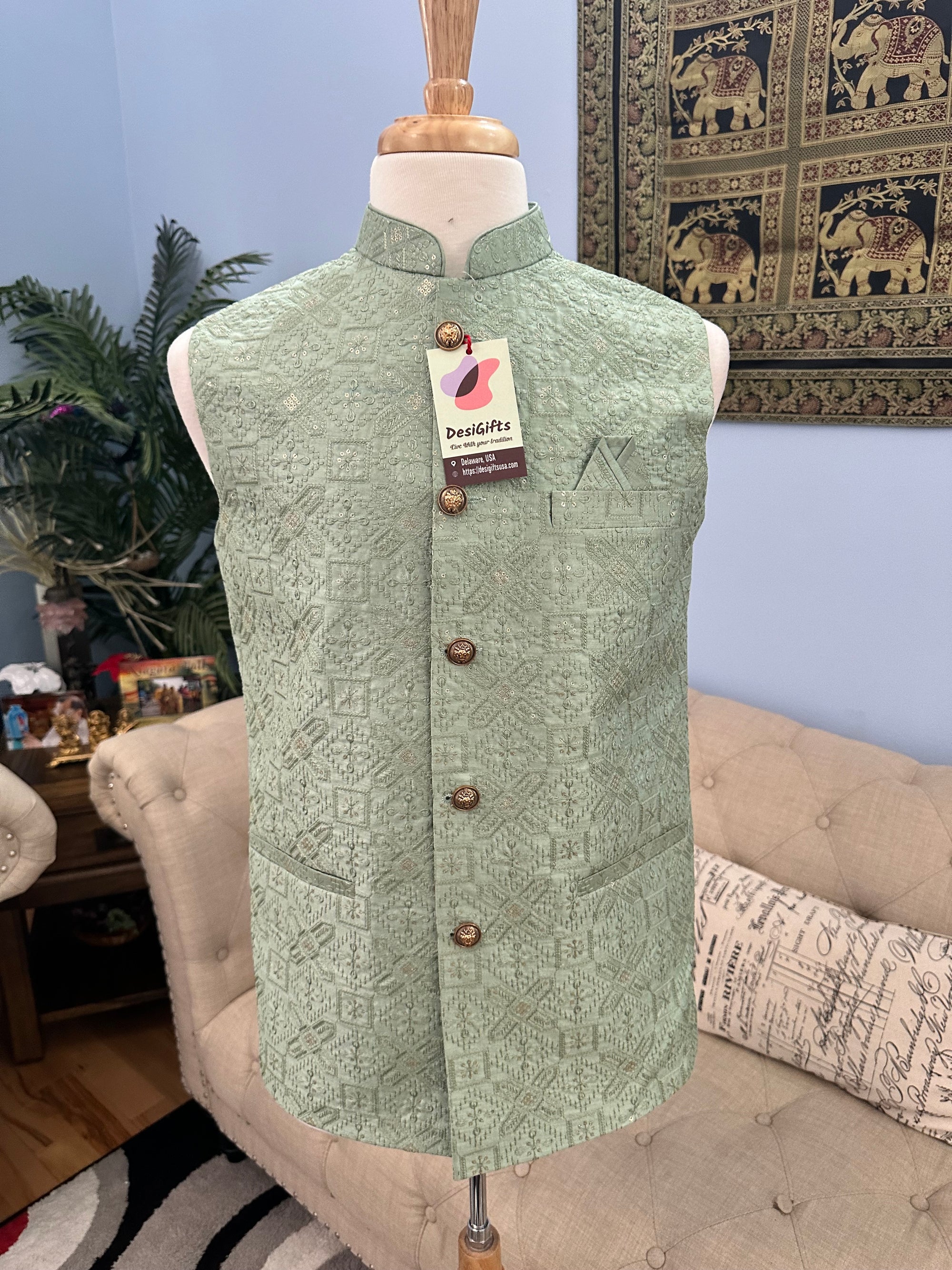 Pista Green Jacket / Waistcoat / Sadri for Man with Beautiful Embroidery & Sequins, Nehru Jacket, Man's Jacket - 1454