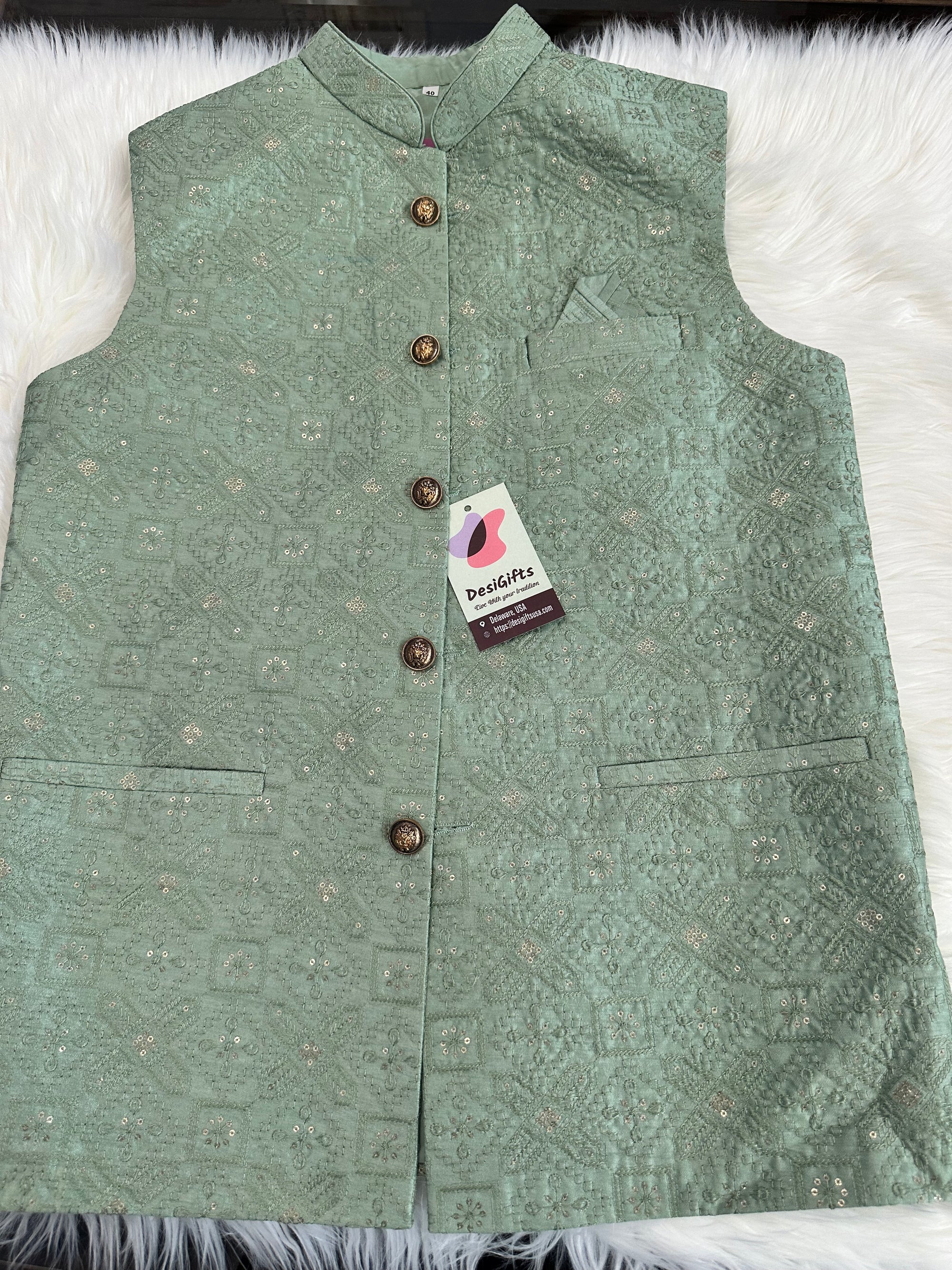 Pista Green Jacket / Waistcoat / Sadri for Man with Beautiful Embroidery & Sequins, Nehru Jacket, Man's Jacket - 1454