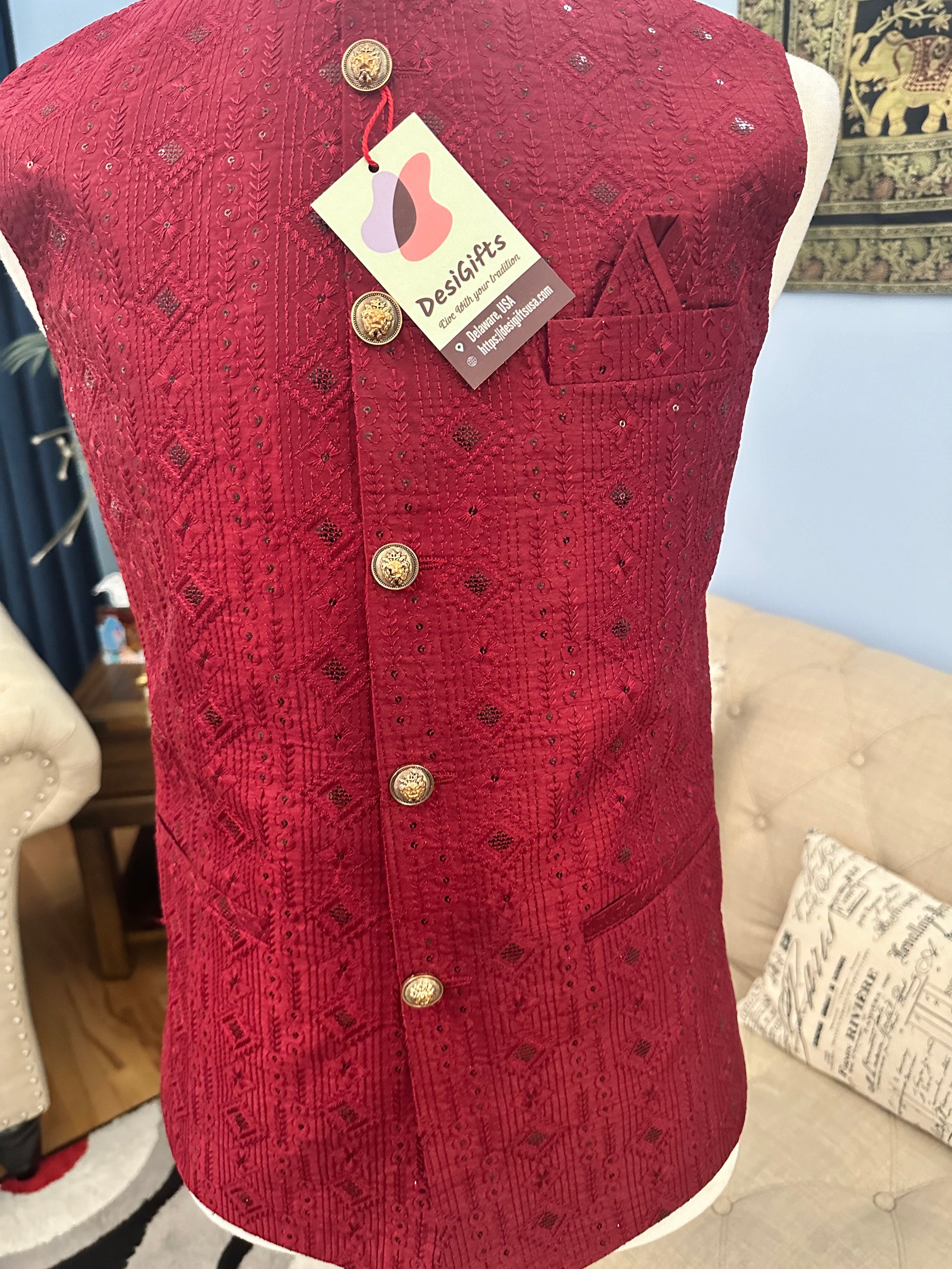 Affluent Jacket / Waistcoat / Sadri for Man with Intricate Embroidery & Sequins, Bright Maroon Shade Nehru Jacket, Man's Jacket - 1456