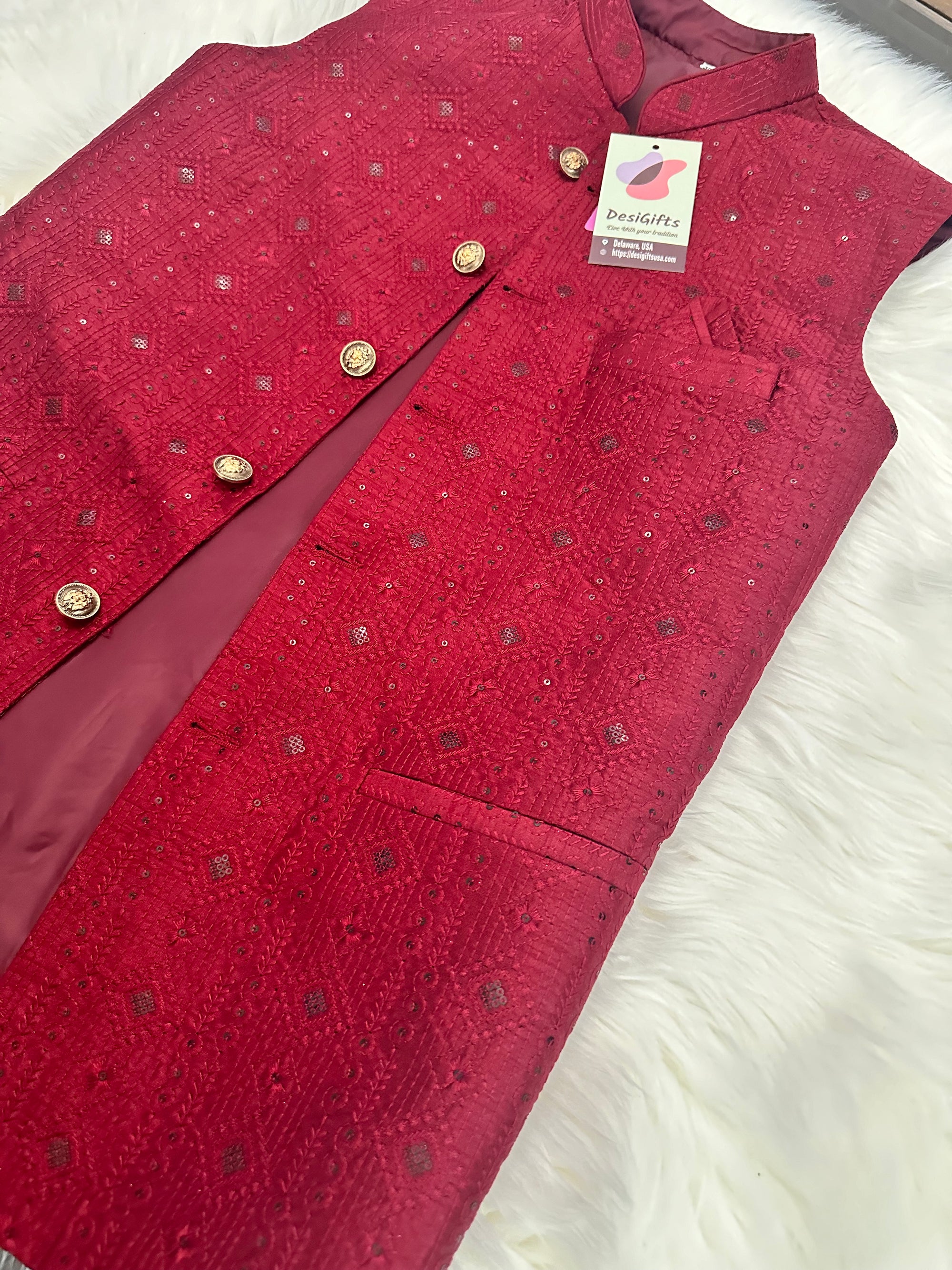 Affluent Jacket / Waistcoat / Sadri for Man with Intricate Embroidery & Sequins, Bright Maroon Shade Nehru Jacket, Man's Jacket - 1456