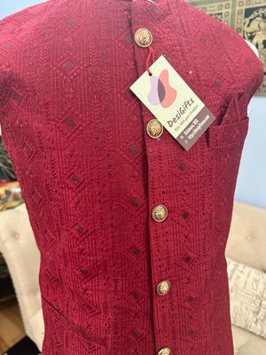 Affluent Jacket / Waistcoat / Sadri for Man with Intricate Embroidery & Sequins, Bright Maroon Shade Nehru Jacket, Man's Jacket - 1456