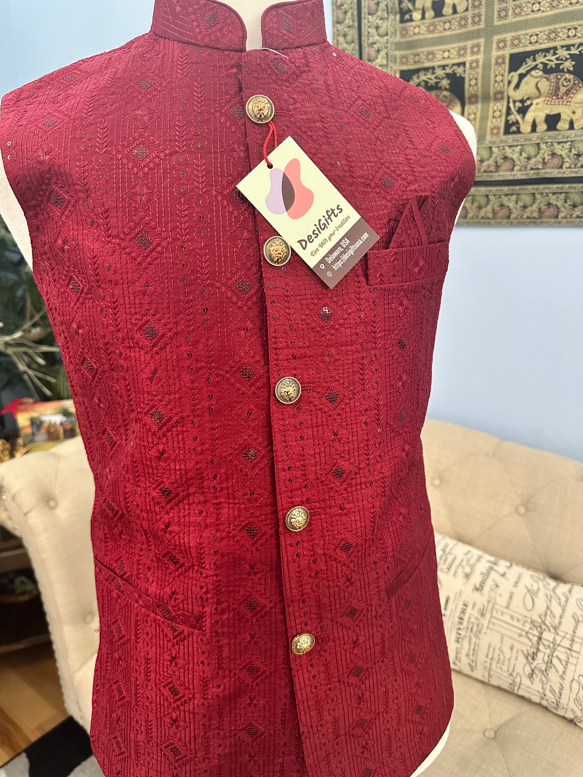 Affluent Jacket / Waistcoat / Sadri for Man with Intricate Embroidery & Sequins, Bright Maroon Shade Nehru Jacket, Man's Jacket - 1456