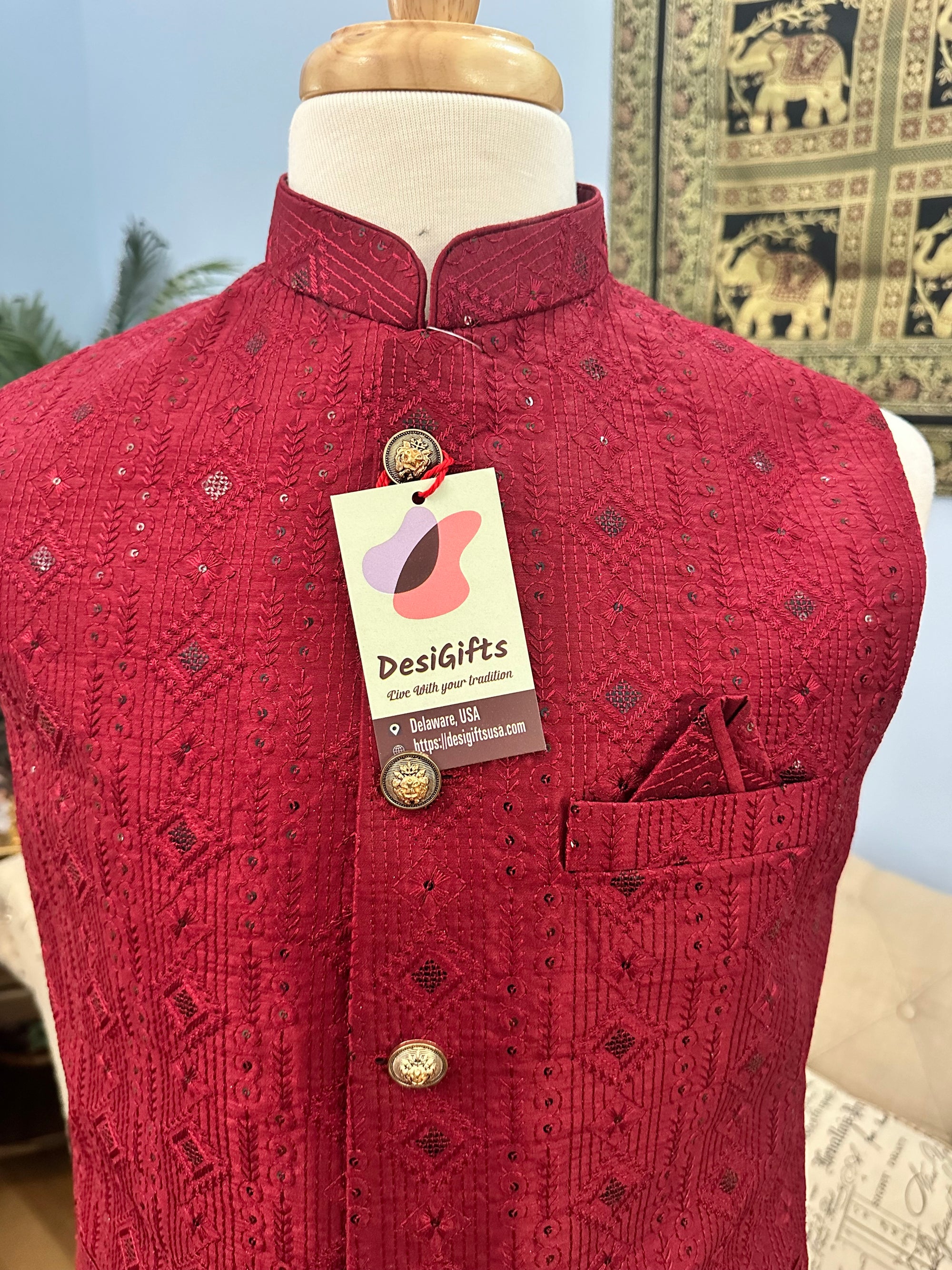 Affluent Jacket / Waistcoat / Sadri for Man with Intricate Embroidery & Sequins, Bright Maroon Shade Nehru Jacket, Man's Jacket - 1456