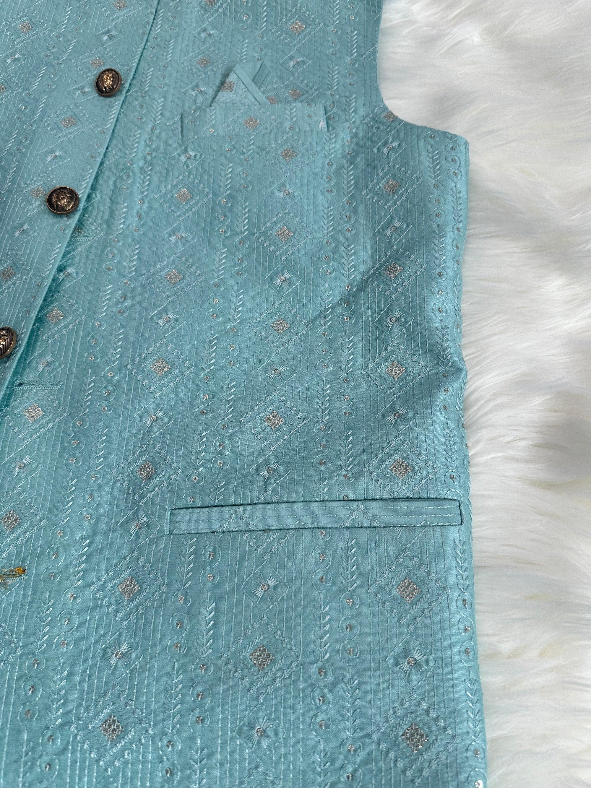 Classy Jacket / Waistcoat / Sadri for Man with Intricate Embroidery & Sequins, Skyblue Shade Nehru Jacket, Man's Jacket - 1457