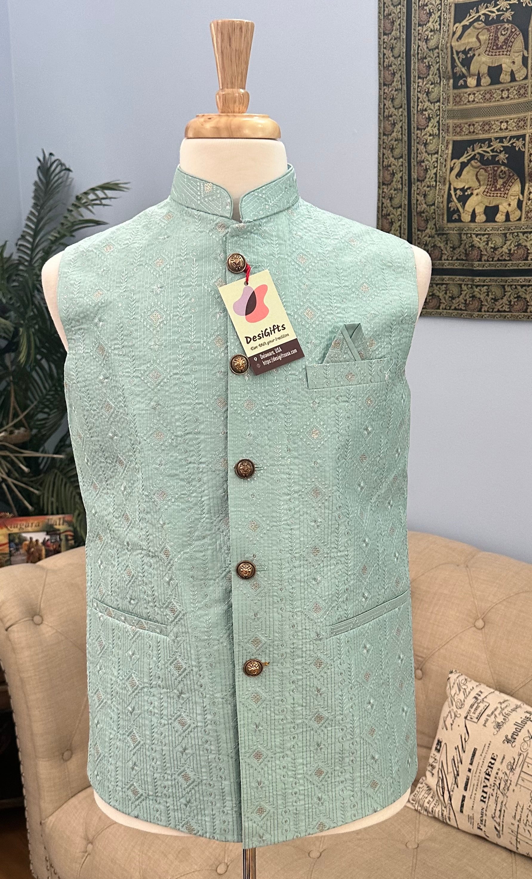 Classy Jacket / Waistcoat / Sadri for Man with Intricate Embroidery & Sequins, Skyblue Shade Nehru Jacket, Man's Jacket - 1457